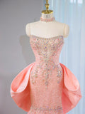Ndyad Pink Strapless Mermaid Tulle Beaded Long Prom Dresses Wedding Dress with Bow HZ1024