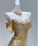 Ndyad Yellow Off Shoulder Mermaid Satin Long Prom Dresses Formal Evening Gowns HZ1024