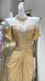 Ndyad Yellow Off Shoulder Mermaid Satin Long Prom Dresses Formal Evening Gowns HZ1024