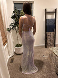 Ndyad Purple Spaghetti Straps Mermaid Sequin Satin Long Prom Dresses Formal Evening Gowns with Open Back HZ1024