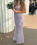 Ndyad Purple Spaghetti Straps Mermaid Sequin Satin Long Prom Dresses Formal Evening Gowns with Open Back HZ1024