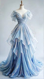 Ndyad Ice Blue V-Neck A-Line Tulle Long Prom Dresses HZ1024