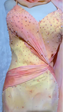 Ndyad Yellow Spaghetti Straps Sheath Beaded Chiffon Long Prom Dresses Formal Evening Gowns with Open Back HZ1024