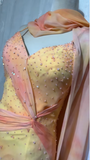 Ndyad Yellow Spaghetti Straps Sheath Beaded Chiffon Long Prom Dresses Formal Evening Gowns with Open Back HZ1024