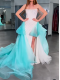 Ndyad White Strapless Sheath Tulle Train Prom Dresses Formal Evening Gowns with Sequins HZ1024