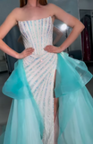 Ndyad White Strapless Sheath Tulle Train Prom Dresses Formal Evening Gowns with Sequins HZ1024
