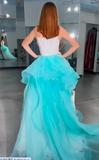 Ndyad White Strapless Sheath Tulle Train Prom Dresses Formal Evening Gowns with Sequins HZ1024