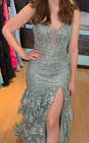 Ndyad Soft Green Spaghetti Straps Mermaid Tulle Sequin Long Prom Dresses Formal Evening Gowns HZ1024