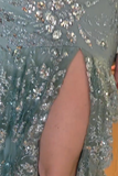 Ndyad Soft Green Spaghetti Straps Mermaid Tulle Sequin Long Prom Dresses Formal Evening Gowns HZ1024