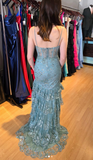 Ndyad Soft Green Spaghetti Straps Mermaid Tulle Sequin Long Prom Dresses Formal Evening Gowns HZ1024