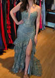 Ndyad Soft Green Spaghetti Straps Mermaid Tulle Sequin Long Prom Dresses Formal Evening Gowns HZ1024