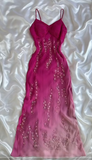 Ndyad Fuchsia Spaghetti Straps Sheath Chiffon Beading Long Prom Dresses Vintage Evening Gowns HZ1024