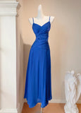 Ndyad Royal Blue Spaghetti Straps Chiffon A-Line Chiffon Long Prom Dresses Party Dress HZ1024