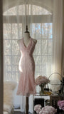 Ndyad Pink Halter Collar Bodycon Chiffon Short Prom Dresses Vintage Party Dress with Beading HZ1024