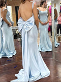 Ndyad Light Blue Square Neck Mermaid Satin Long Prom Dresses Formal Backless Evening Gowns with Bow HZ1024