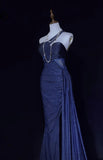 Ndyad Navy Blue One Shoulder Mermaid Glitter Satin Long Prom Dresses Formal Evening Gowns with Open Back HZ1024