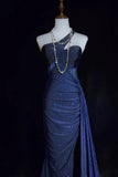 Ndyad Navy Blue One Shoulder Mermaid Glitter Satin Long Prom Dresses Formal Evening Gowns with Open Back HZ1024