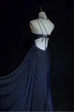Ndyad Navy Blue One Shoulder Mermaid Glitter Satin Long Prom Dresses Formal Evening Gowns with Open Back HZ1024
