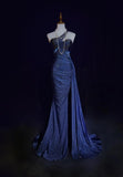 Ndyad Navy Blue One Shoulder Mermaid Glitter Satin Long Prom Dresses Formal Evening Gowns with Open Back HZ1024
