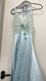 Ndyad Grey Blue V Neck Sheath Satin Prom Dresses Fashion Party Dress with Applique HZ1024