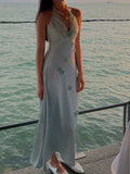 Ndyad Grey Blue V Neck Sheath Satin Prom Dresses Fashion Party Dress with Applique HZ1024