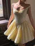 Ndyad Yellow Spaghetti Straps A-Line Satin Short Party Dress Homecoming Dress HZ1024