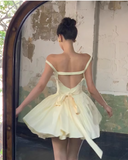 Ndyad Yellow Spaghetti Straps A-Line Satin Short Party Dress Homecoming Dress HZ1024
