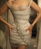 Ndyad Silver Off Shoulder Bodycon Lace Rhinestone Short Party Dress Homecoming Dress HZ1024