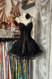 Ndyad Spaghetti Straps Black A-Line Tulle Lace Short Prom Dresses Homecoming Dresses HZ1024