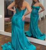 Ndyad Turquoise Sweetheart Mermaid Satin Long Prom Dresses Formal Evening Gowns HZ1024