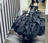 Ndyad Black Strapless A-Line Satin Long Prom Dresses Formal Evening Gowns HZ1024