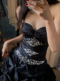 Ndyad Black Strapless A-Line Satin Long Prom Dresses Formal Evening Gowns HZ1024