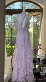 Ndyad Light Taro Purple V-neck Sheath Tulle Lace Long Prom Dresses Formal Evening Gowns with Open Back HZ1024