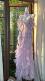 Ndyad Light Taro Purple V-neck Sheath Tulle Lace Long Prom Dresses Formal Evening Gowns with Open Back HZ1024