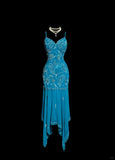 Ndyad Blue Spaghetti Straps Sheath Chiffon Beading Long Prom Dresses Formal Evening Gowns HZ1024