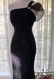 Ndyad Black One Shoulder Mermaid Chiffon Long Prom Dresses Formal Evening Gowns with Beading HZ1024