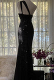 Ndyad Black One Shoulder Mermaid Chiffon Long Prom Dresses Formal Evening Gowns with Beading HZ1024