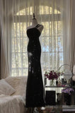 Ndyad Black One Shoulder Mermaid Chiffon Long Prom Dresses Formal Evening Gowns with Beading HZ1024