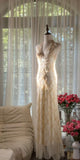 Ndyad V-neck Sheath Chiffon Long Prom Dresses Vintage Backless Evening Gowns with Beading HZ1024