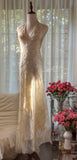 Ndyad V-neck Sheath Chiffon Long Prom Dresses Vintage Backless Evening Gowns with Beading HZ1024