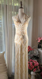 Ndyad V-neck Sheath Chiffon Long Prom Dresses Vintage Backless Evening Gowns with Beading HZ1024