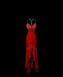 Ndyad Red Spaghetti Straps Mermaid Chiffon Long Prom Dresses Vintage Evening Gowns with Beading HZ1024