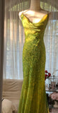 Ndyad Green Spaghetti Straps Mermaid Chiffon Long Prom Dresses Elegant Evening Gowns with Beading HZ1024