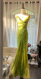 Ndyad Green Spaghetti Straps Mermaid Chiffon Long Prom Dresses Elegant Evening Gowns with Beading HZ1024