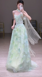 Ndyad Strapless Green A-Line Birthday Dress Tulle Long Prom Dresses Elegant Evening Gowns with Beading HZ1024