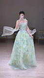 Ndyad Strapless Green A-Line Birthday Dress Tulle Long Prom Dresses Elegant Evening Gowns with Beading HZ1024