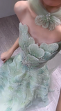 Ndyad Strapless Green A-Line Birthday Dress Tulle Long Prom Dresses Elegant Evening Gowns with Beading HZ1024