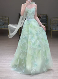 Ndyad Strapless Green A-Line Birthday Dress Tulle Long Prom Dresses Elegant Evening Gowns with Beading HZ1024