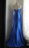 Ndyad Blue Spaghetti Straps Mermaid Satin Long Prom Dresses Formal Evening Gowns HZ1024