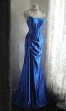 Ndyad Blue Spaghetti Straps Mermaid Satin Long Prom Dresses Formal Evening Gowns HZ1024